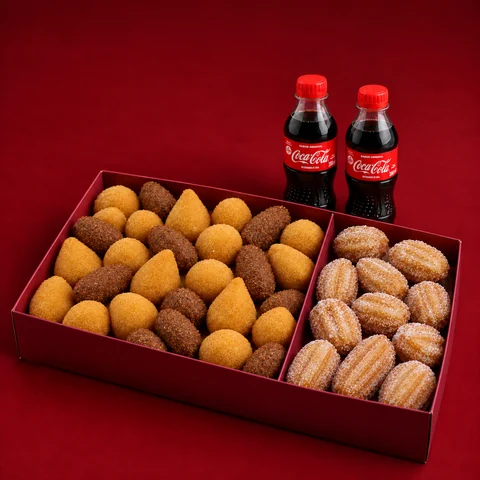 Combo Salgado & Doce: 35 salgados + 15 mini churros + 2 Coca-Cola 200 ml